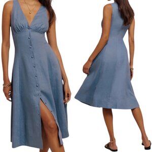 New Reformation Sebastien Linen Dress Cornflower Blue Minimalist Classic Coastal